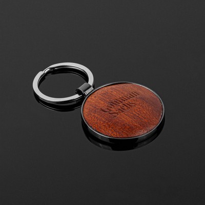 Round Beveled Wood Gun Metal Key Chain