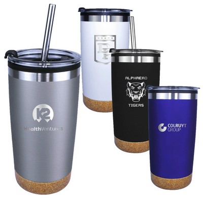 20 Oz. Halcyon® Standard Cork Bottom Tumbler w/Stainless Straw & Flip Top Lid (Laser)