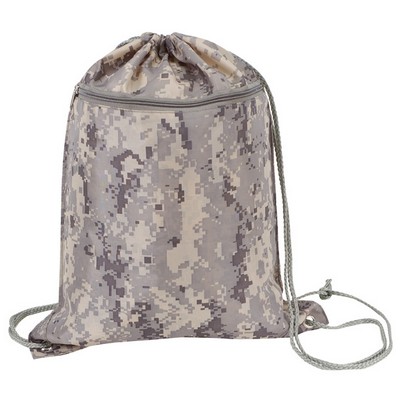 Digital Camo Drawstring Tote Bag with Zipper Front Pocket