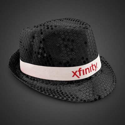 Black Sequin Fedora Hat w/Silk Screened White Band