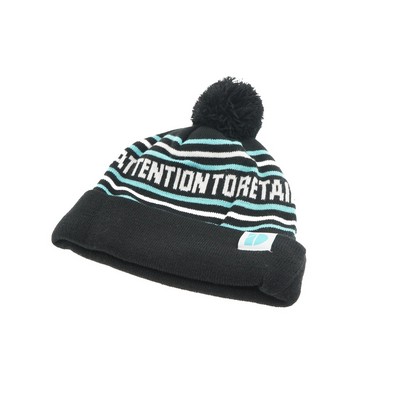 Woven Label Pom-Pom Beanie - Ocean Import