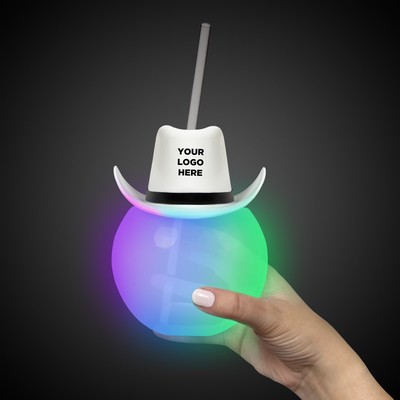 20oz Multicolor LED Ball Tumbler with Straw and White Cowboy Hat