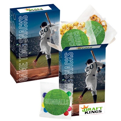 Baseball Popcorn & Snack Box - Mini Pretzels, Caramel Popcorn and Gumballs