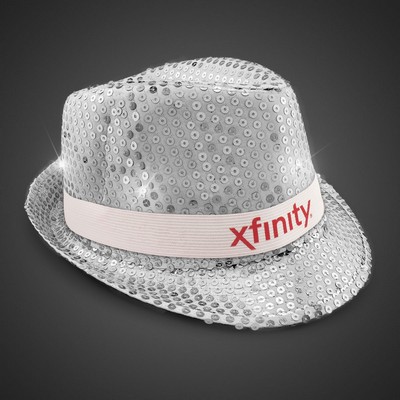 Silver Sequin Light Up Fedora Hat w/Silk Screened White Band