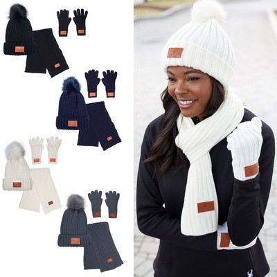 Leeman™ 3 Piece Rib Knit Fur Pom Winter Set