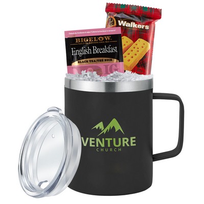 Promo Revolution - 12 Oz. Dual Wall Vacuum Sealed Slim Camping Mug Gift Set w/Tea & Cookies