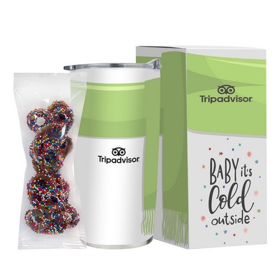 Promo Revolution - 20 Oz. Straight Tumbler Holiday Greetings Gift Set w/Milk Choc. Nonpareil Pretzel