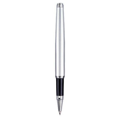 Satin Silver Solid Brass Barrel Roller Ball Pen w/ Chrome Accent