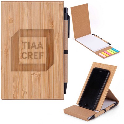 4X6 Bamboo Phone Holder Notepad & Pen Set With Sticky Notes (Factory Direct - 10-12 Weeks Ocean)