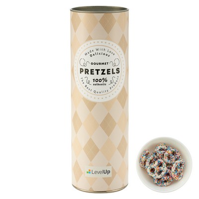 8" Gift Tube with Chocolate Pretzels - White Chocolate Pretzels with Rainbow Nonpareils