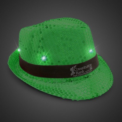 Green Sequin Light Up Fedora Hat w/Silk Screened Black Band