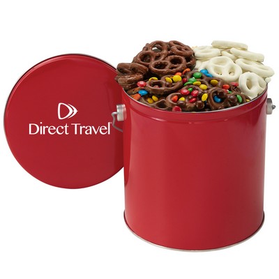 1 Gallon 3 Way Chocolate Pretzel Tin - M&M's, Milk Chocolate, Yogurt