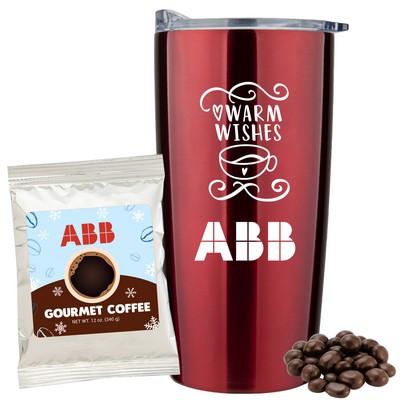 Promo Revolution - 20 Oz Vacuum Sealed Straight Tumbler Gift Set w/Coffee & Espresso Beans (Holiday)