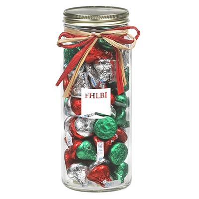 16 Oz. Contemporary Glass Mason Jar w/ Raffia Bow (Hershey's® Holiday Kisses)