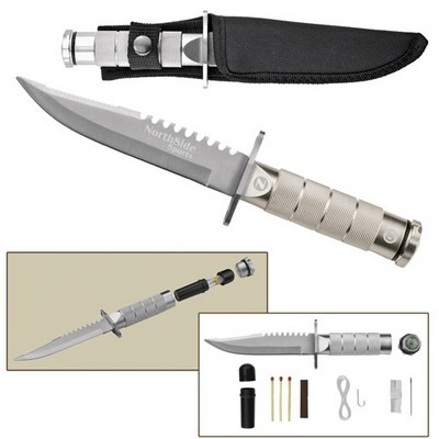 8" Silver Stainless Steel Survival Hunting Knife w/Survival Kit in Handle