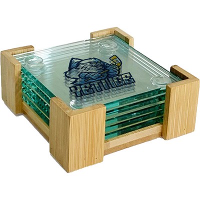 5 Pc. Glass Square Coaster Set with Wood Stand